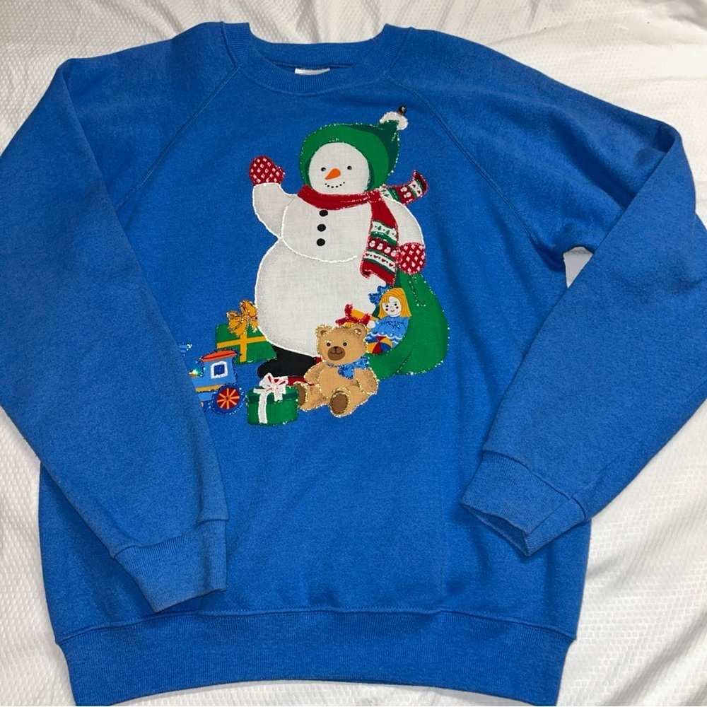Ugly Christmas Sweatshirt Hanes Blue Festive Snowman Crewneck Sweater Vintage